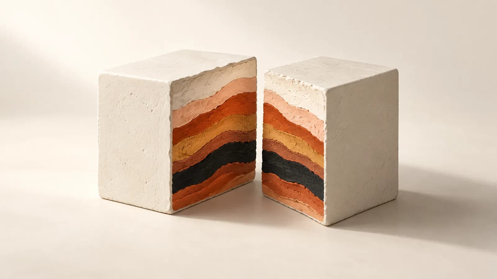 A plaster cube sliced open to reveal hidden layers of terracotta, peach, ochre and black