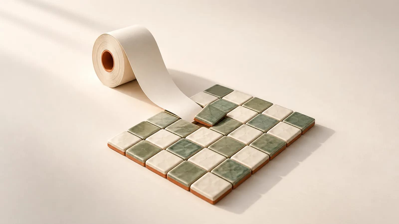 A paper ribbon feeding into a grid of sage and cream tiles, with one tile lifted out of line