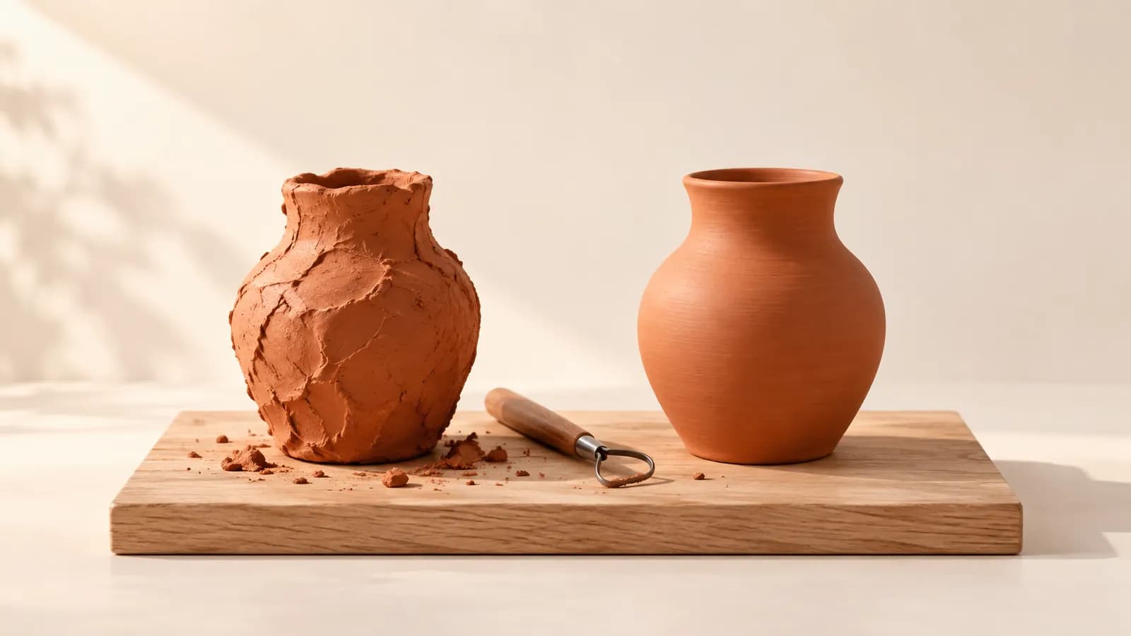 A rough clay shape beside the same shape refined into a smooth vessel, a loop tool between