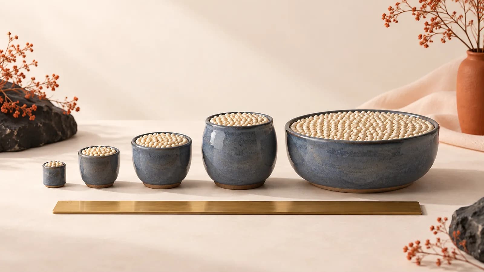 Slate-blue ceramic containers of different sizes, each filled exactly to the rim with beads