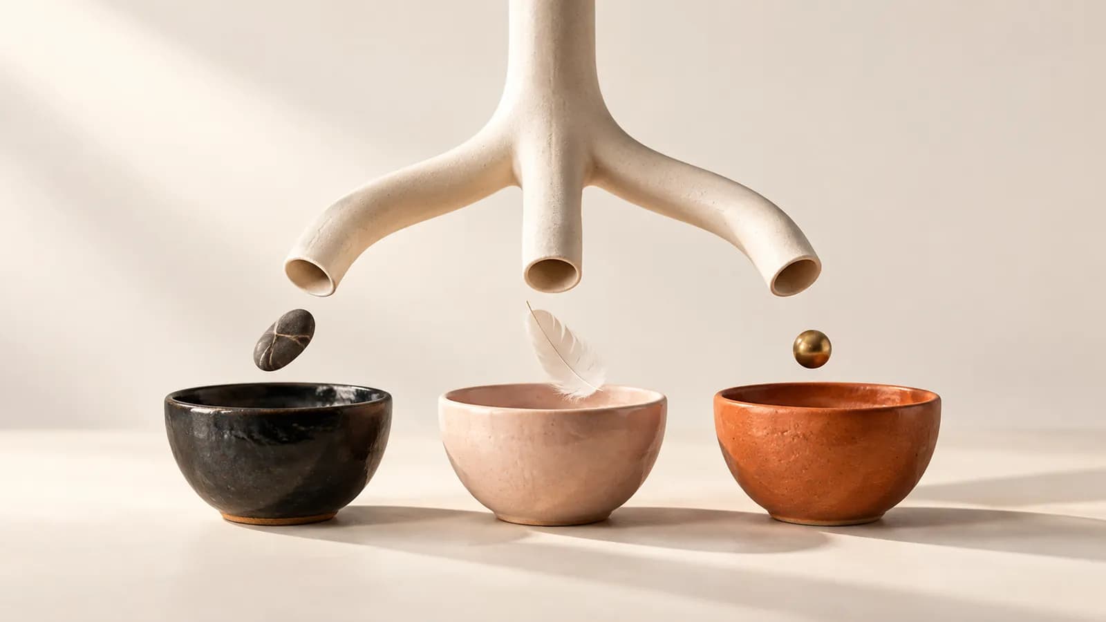 A chute splitting into three branches, each dropping a different object into a coloured bowl