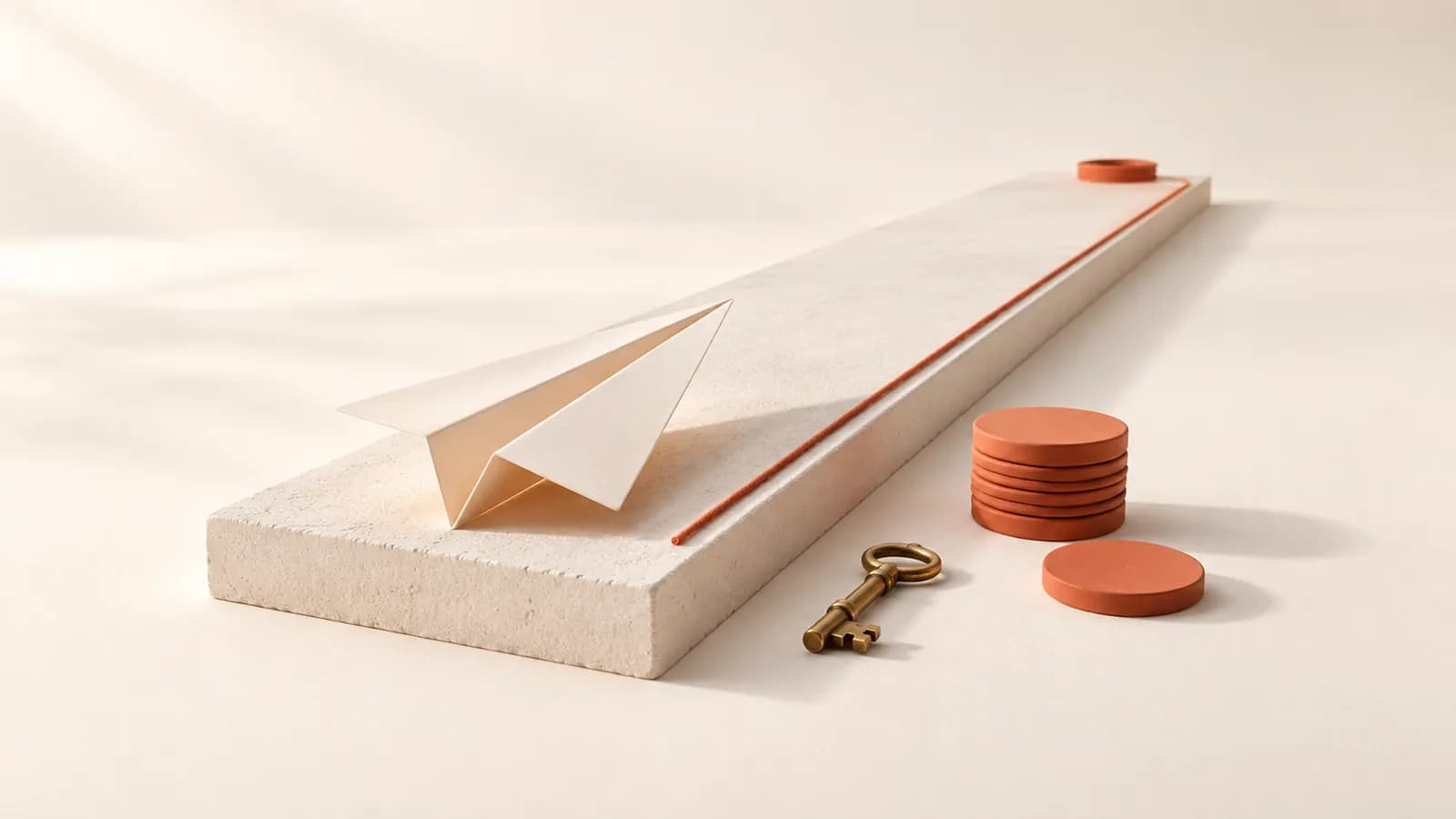 A paper plane on a plaster runway beside a brass key, a thread line and a stack of discs