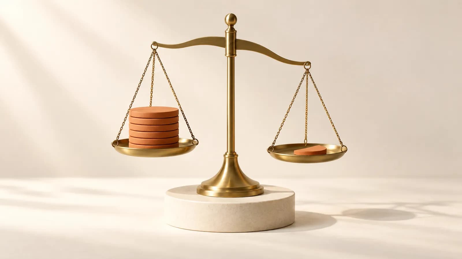 A brass balance scale with a stack of terracotta discs and one thin disc on the other pan