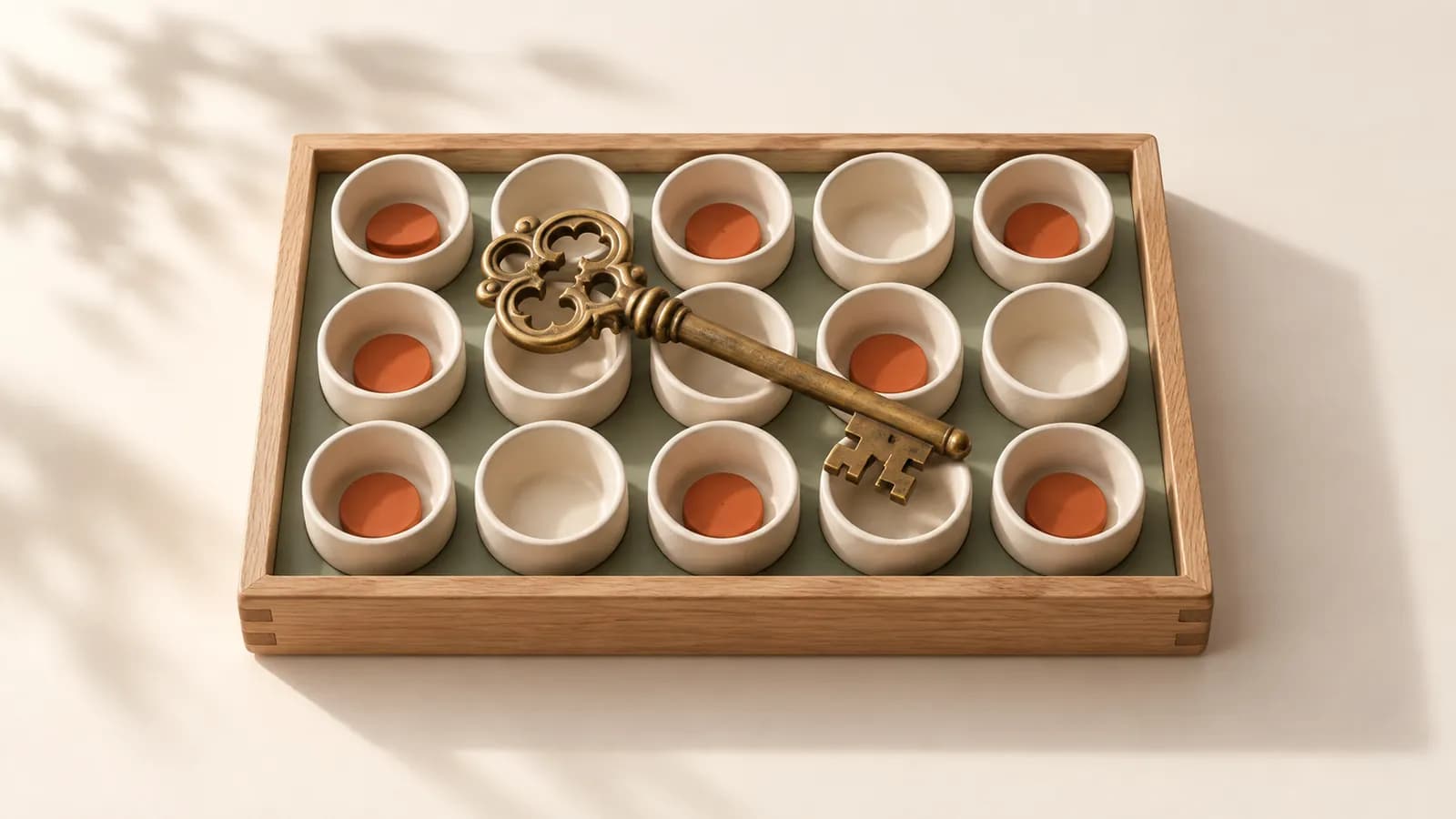 A brass key across an oak tray of ceramic cups, some holding terracotta tokens