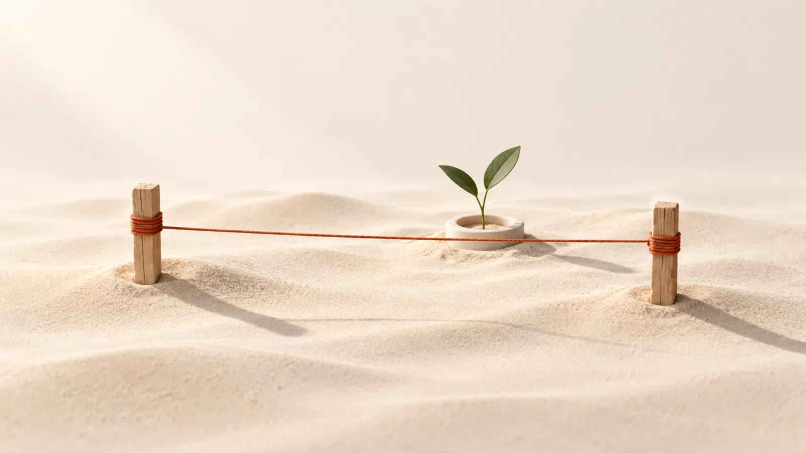 Two oak stakes with a terracotta thread marking a baseline in sand beside a green sprout