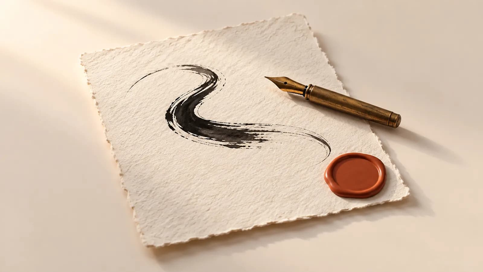Handmade paper with an abstract ink stroke, a fountain pen nib and a terracotta wax seal