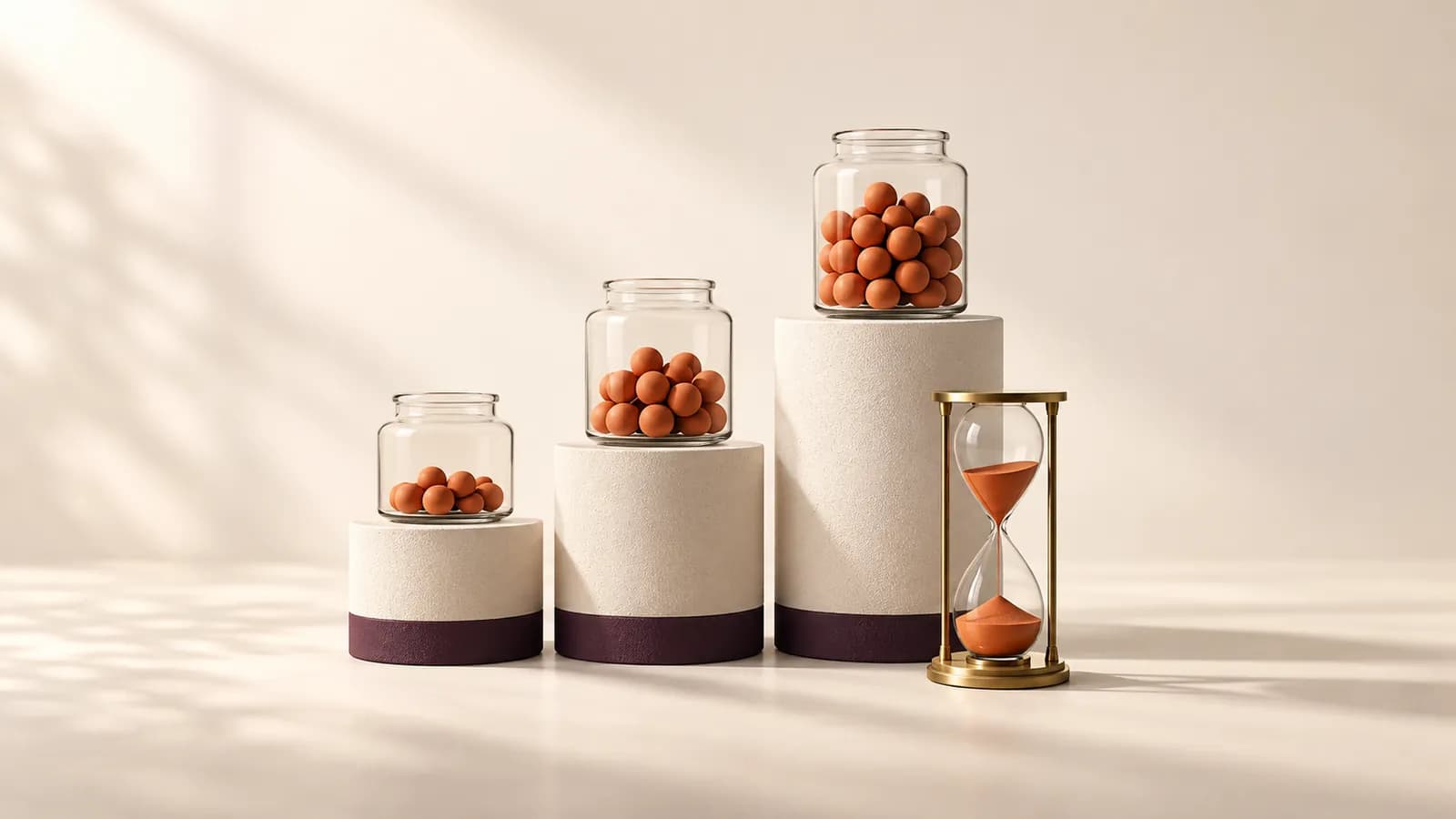 Three rising plinths holding jars of terracotta beads, with a brass hourglass in front