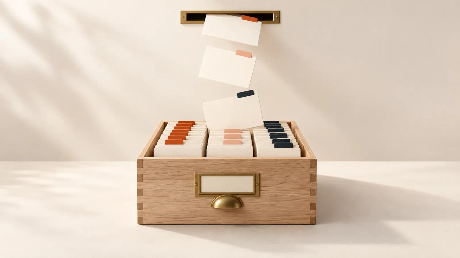 Blank cards dropping from a brass slot into an oak catalogue drawer, each with a coloured tab