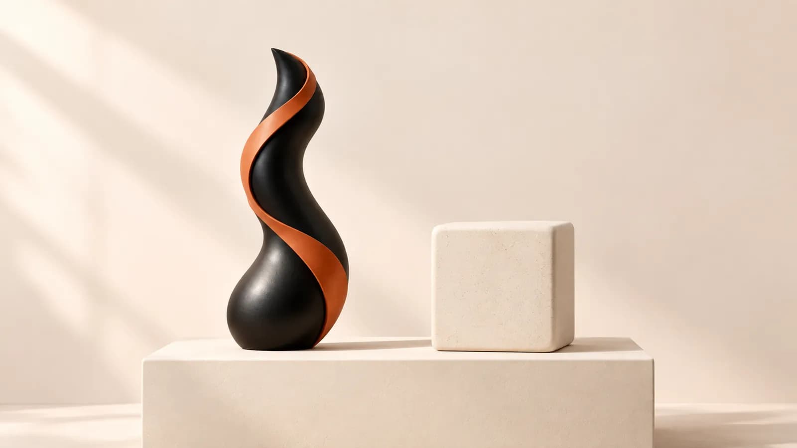A sinuous black sculpture with a terracotta ribbon beside a plain cream ceramic block