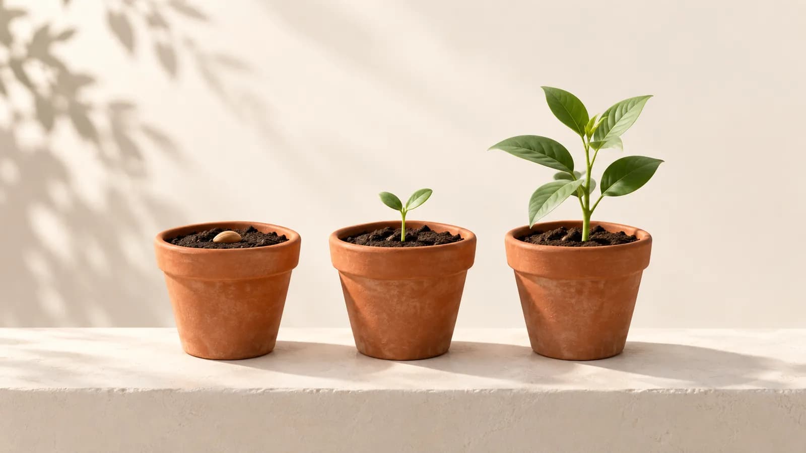 Three terracotta pots showing a seed, a sprout and a young plant in sequence