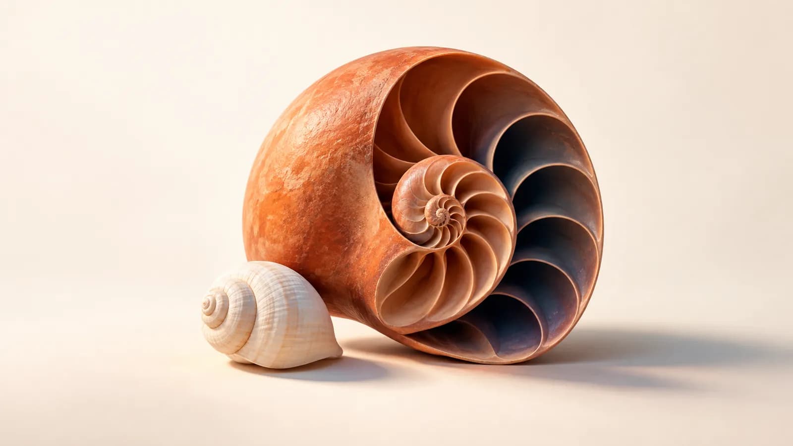 A small plain seashell beside a larger spiralled terracotta shell with visible chambers