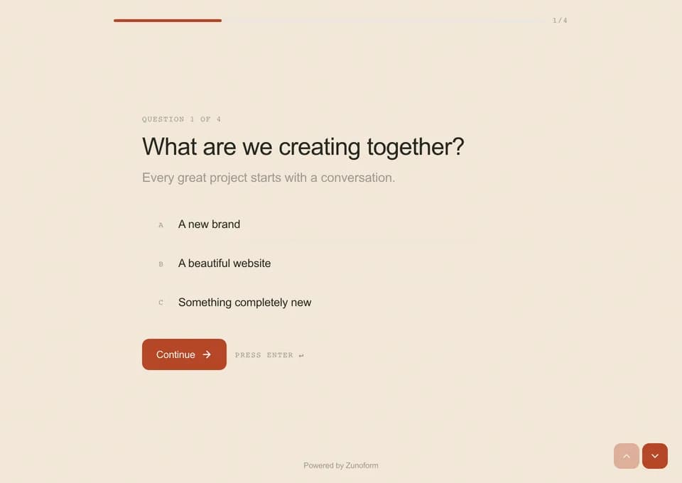 Conversational form preview displaying one project question and three choice options