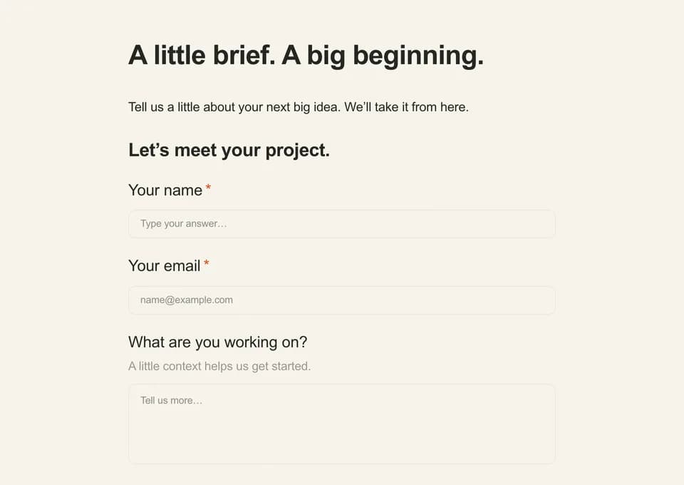 A Zunoform document form combining a project brief introduction, a section heading and contact questions