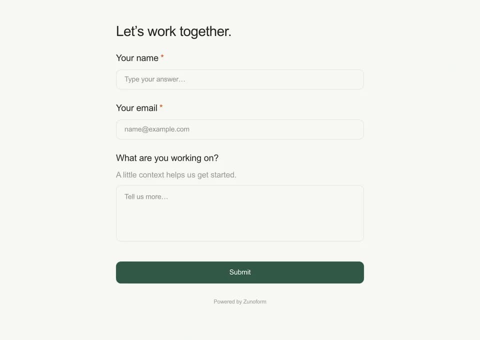 The same Zunoform questions shown in the single-page layout, all visible on one scrolling page