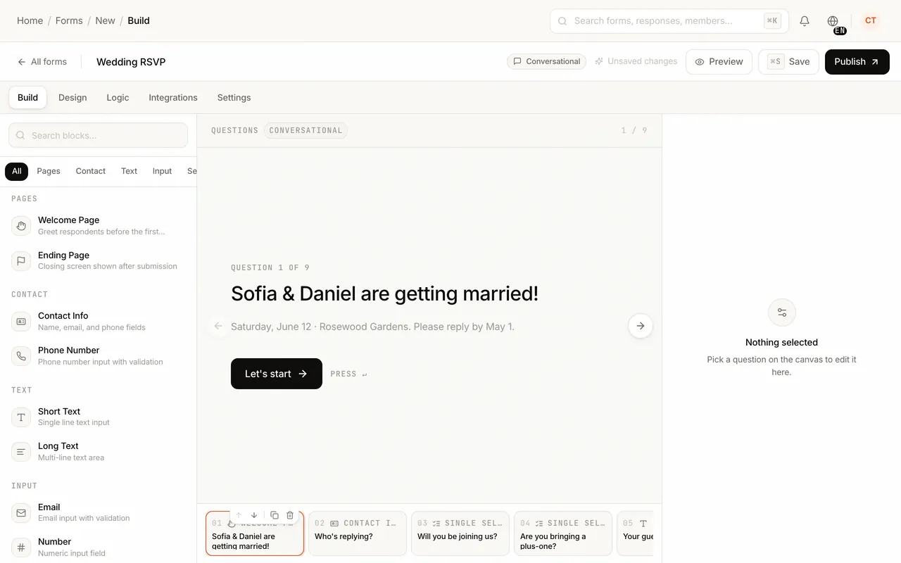 Zunoform's actual form builder showing the field library, conversational canvas, question settings, and Build, Design, Logic, Integrations and Settings tabs