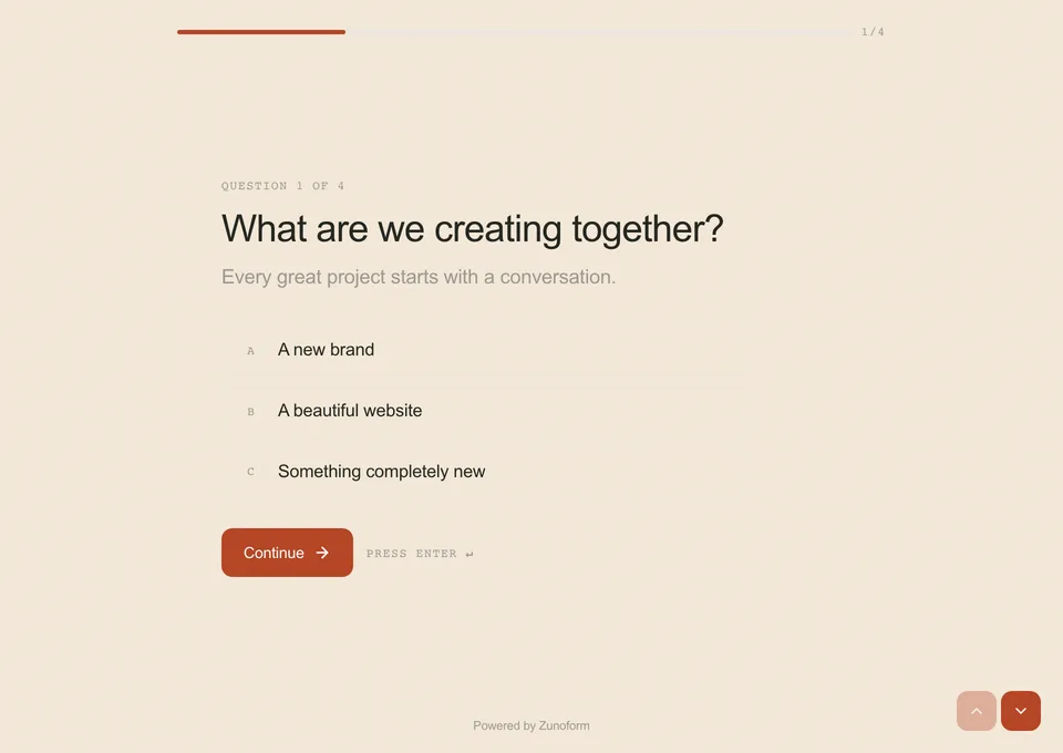 A conversational Zunoform preview showing one project question and three choices