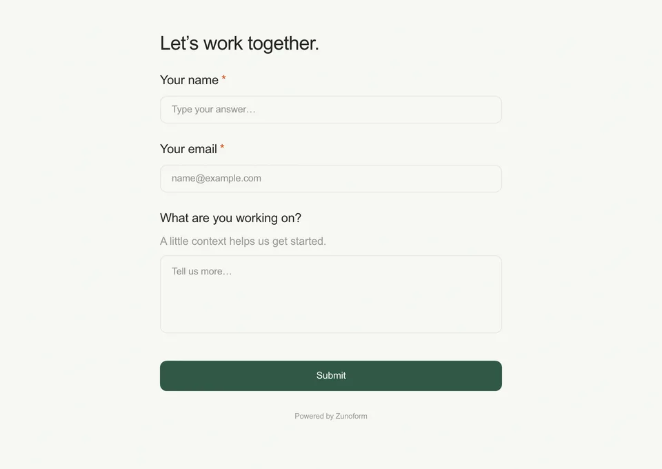 A single-page Zunoform preview showing contact and project fields together